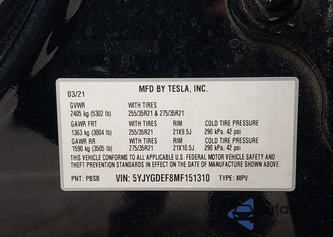 2021 Tesla Model Y Performance Dual Motor All-Wheel Drive from USA, damaged, VIN 5YJYGDEF8MF151310